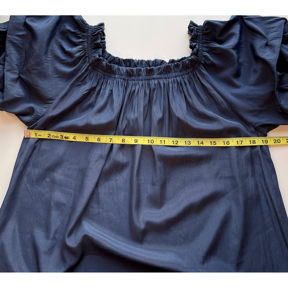 Mersea Tulum Ruffle Mini Dress Navy Blue Womens Small Pockets Off Shoulder - Picture 10 of 12